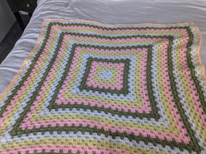 Hand crochet granny square blanket Lemon, Pink, Green and White throw, picnic, lap, bed