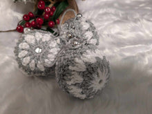 Load image into Gallery viewer, Hand crochet Christmas baubles, tree decoration x 3 silver and white, sparkle +bells (Copy)