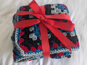 Hand crochet granny square blanket Black Red Blue Grey, throw, picnic, lap, bed