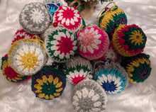 Load image into Gallery viewer, Hand crochet Christmas baubles, tree decoration x 6 picked at random, sparkle +bells