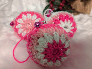 Hand crochet Christmas baubles, tree decoration x 3 pink and white, sparkle +bells