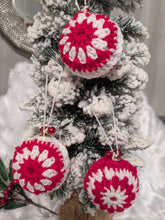 Load image into Gallery viewer, Hand crochet Christmas baubles, tree decoration x 3 red and white, sparkle +bells