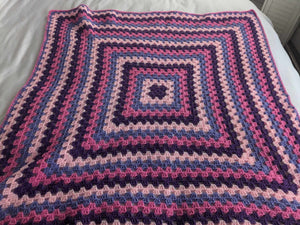 Hand crochet granny square blanket Pink & Purple,, throw, picnic, lap, bed