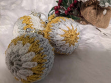 Load image into Gallery viewer, Hand crochet Christmas baubles, tree decoration x 3 Gold, Silver and white, sparkle +bells