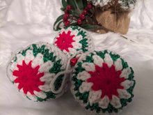 Load image into Gallery viewer, Hand crochet Christmas baubles, tree decoration x 3 red, green and white, sparkle +bells