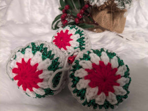 Hand crochet Christmas baubles, tree decoration x 3 red, green and white, sparkle +bells