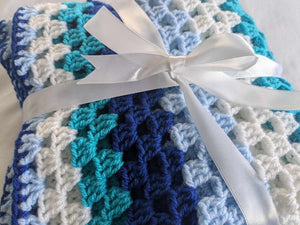 Hand crochet granny square blanketBlue & White throw, picnic, lap, bed