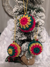 Load image into Gallery viewer, Hand crochet Christmas baubles, tree decoration x 3 red, green and gold, sparkle +bells