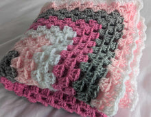 Load image into Gallery viewer, Hand crochet granny square blanket Pink, White and Grey throw, picnic, lap, bed