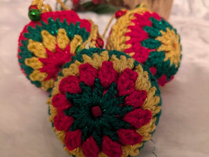 Hand crochet Christmas baubles, tree decoration x 3 red, green and gold, sparkle +bells