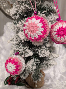 Hand crochet Christmas baubles, tree decoration x 3 pink and white, sparkle +bells