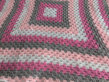 Load image into Gallery viewer, Hand crochet granny square blanket Pink, White and Grey throw, picnic, lap, bed