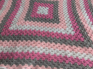 Hand crochet granny square blanket Pink, White and Grey throw, picnic, lap, bed