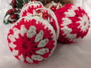 Hand crochet Christmas baubles, tree decoration x 3 red and white, sparkle +bells