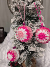 Load image into Gallery viewer, Hand crochet Christmas baubles, tree decoration x 3 pink and white, sparkle +bells