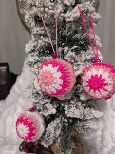 Hand crochet Christmas baubles, tree decoration x 3 pink and white, sparkle +bells