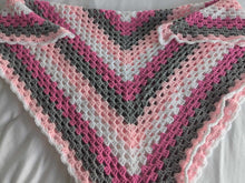 Load image into Gallery viewer, Hand crochet granny square blanket Pink, White and Grey throw, picnic, lap, bed