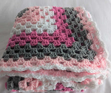 Load image into Gallery viewer, Hand crochet granny square blanket Pink, White and Grey throw, picnic, lap, bed