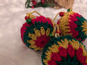 Hand crochet Christmas baubles, tree decoration x 3 red, green and gold, sparkle +bells