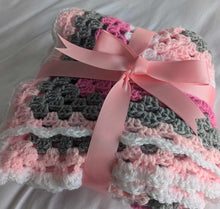 Load image into Gallery viewer, Hand crochet granny square blanket Pink, White and Grey throw, picnic, lap, bed