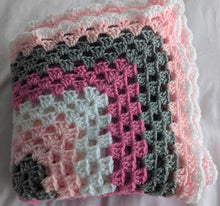 Load image into Gallery viewer, Hand crochet granny square blanket Pink, White and Grey throw, picnic, lap, bed