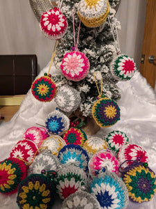 Hand crochet Christmas baubles, tree decoration x 6 picked at random, sparkle +bells