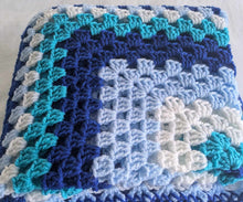 Load image into Gallery viewer, Hand crochet granny square blanketBlue &amp; White throw, picnic, lap, bed