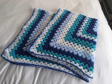 Load image into Gallery viewer, Hand crochet granny square blanketBlue &amp; White throw, picnic, lap, bed