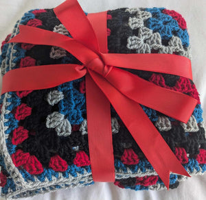 Hand crochet granny square blanket Black Red Blue Grey, throw, picnic, lap, bed