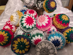 Hand crochet Christmas baubles, tree decoration x 6 picked at random, sparkle +bells