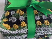 Load image into Gallery viewer, Hand crochet granny square blanket black, grey, green and mustard throw, picnic, lap, bed