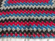 Load image into Gallery viewer, Hand crochet granny square blanket Black Red Blue Grey, throw, picnic, lap, bed