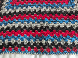 Hand crochet granny square blanket Black Red Blue Grey, throw, picnic, lap, bed