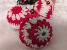 Load image into Gallery viewer, Hand crochet Christmas baubles, tree decoration x 3 red and white, sparkle +bells