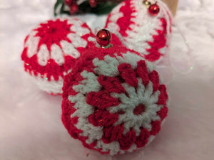 Hand crochet Christmas baubles, tree decoration x 3 red and white, sparkle +bells