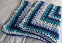 Load image into Gallery viewer, Hand crochet granny square blanketBlue &amp; White throw, picnic, lap, bed