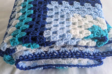 Load image into Gallery viewer, Hand crochet granny square blanketBlue &amp; White throw, picnic, lap, bed