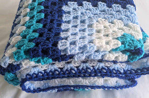 Hand crochet granny square blanketBlue & White throw, picnic, lap, bed