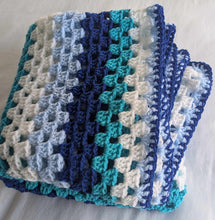 Load image into Gallery viewer, Hand crochet granny square blanketBlue &amp; White throw, picnic, lap, bed