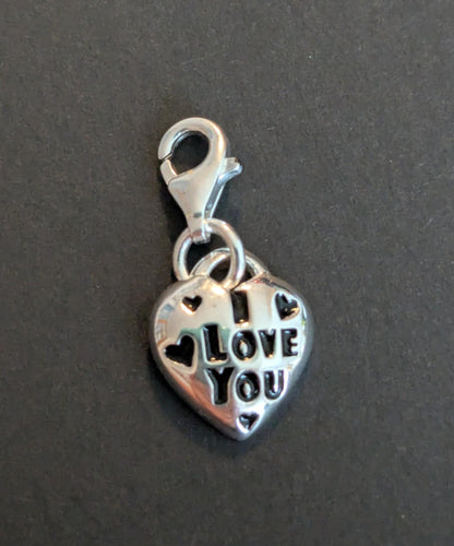 Sterling silver stamped 925 clip on charm Heart I love you