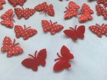 Load image into Gallery viewer, Pack of 25 Red and White Polka dot fabric butterfly embellishments, 4cm