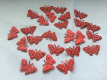 Load image into Gallery viewer, Pack of 25 Red and White Polka dot fabric butterfly embellishments, 4cm