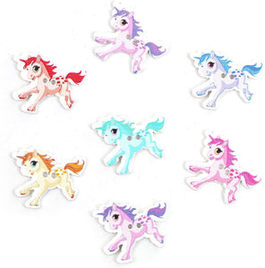 Pack of 6 unicorn wooden buttons. Random mix of colours. 33 x 28mm. Ideal for sewing and craft accessories.