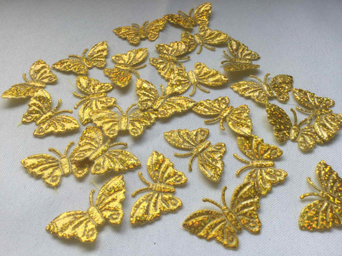 Pack of 25 gold glitter fabric butterfly embellishments, 4cm