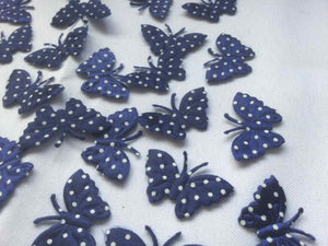 Pack of 25 Blue and White Polka dot fabric butterfly embellishments, 4cm