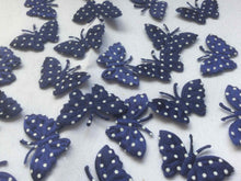 Load image into Gallery viewer, Pack of 25 Blue and White Polka dot fabric butterfly embellishments, 4cm