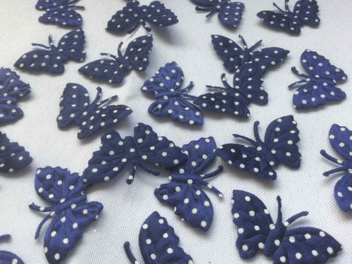 Pack of 25 Blue and White Polka dot fabric butterfly embellishments, 4cm