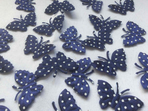 Pack of 25 Blue and White Polka dot fabric butterfly embellishments, 4cm
