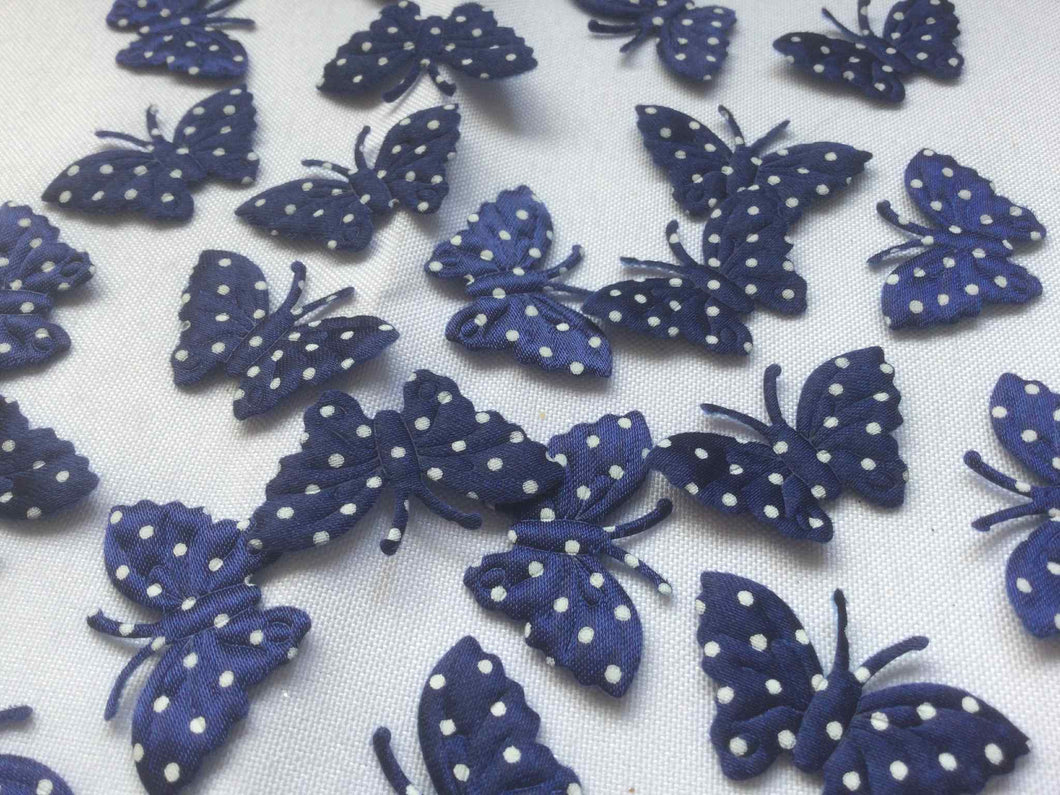 Pack of 25 Blue and White Polka dot fabric butterfly embellishments, 4cm