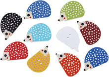 Load image into Gallery viewer, 10 Randomly Mixed Colours Hedgehog Design Wooden Sewing Buttons 25mm x 16mm. Ideal for Children and Baby wear. Craft and Scrapbook